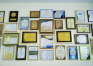 Collection of certificates on a wall